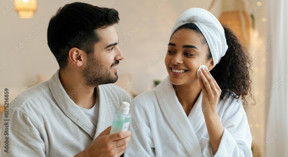 Smiling couple in bathroom applying skincare products together Smiling couple in bathroom applying skincare products together