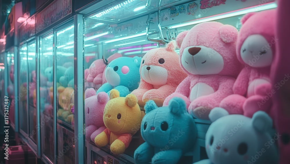 Obraz premium Neon-Lit Plush Toys in Arcade Claw Machine