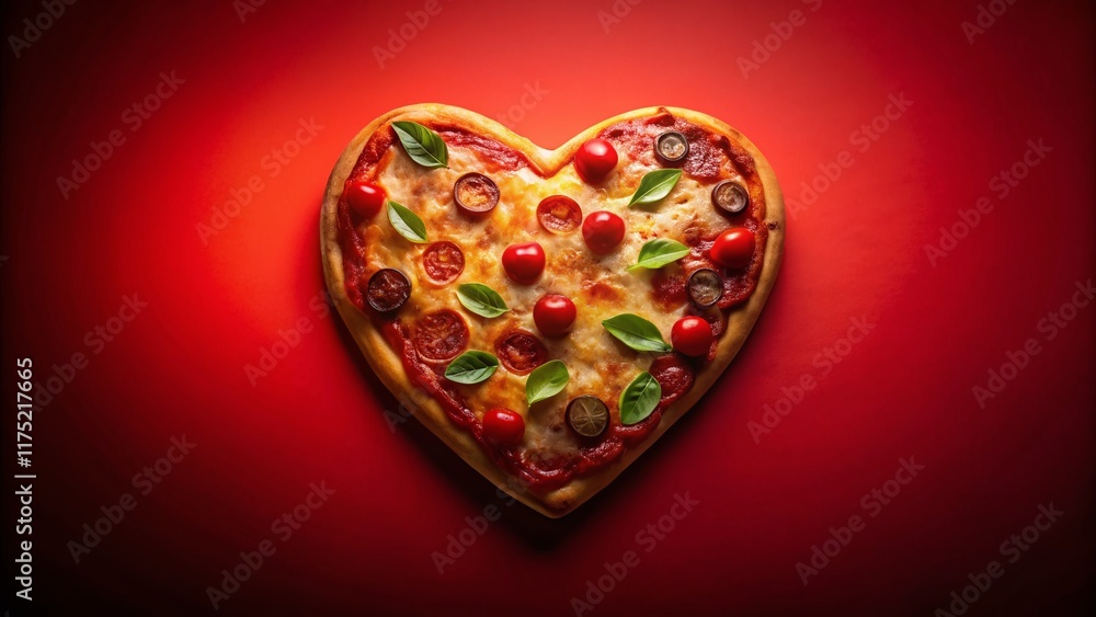 Fototapeta premium Silhouette of Heart-Shaped Pizza on Red Background - Romantic Food Photography
