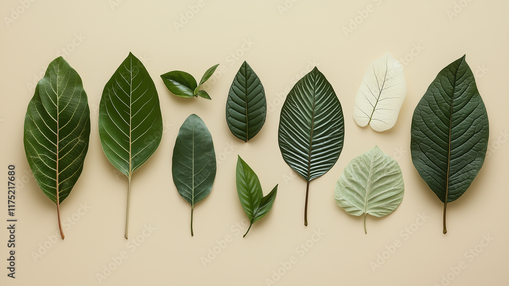 Fototapeta premium ミニマリストなグリーンリーフのフラットレイ