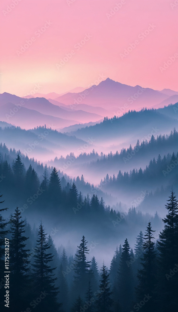 Obraz premium Misty Mountain morning light pink purple pastel gradient dreamy atmosphere phone wallpaper background 4k