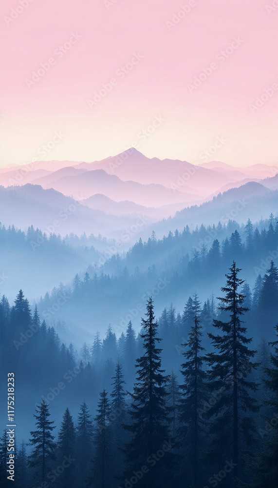 Obraz premium Misty Mountain morning light pink purple pastel gradient dreamy atmosphere phone wallpaper background 4k