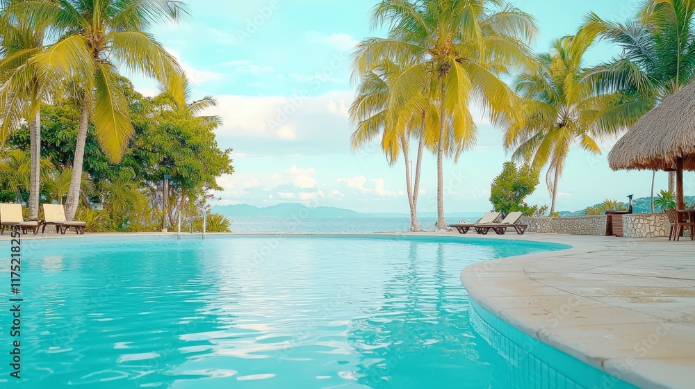 Obraz premium Serene Tropical Poolside Oasis with Lush Palms and Scenic Ocean View