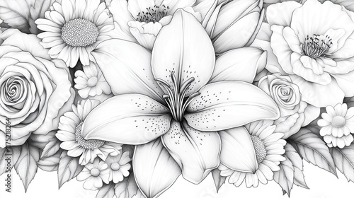 Elegant Lily and Rose Bouquet in Line Art for Coloring Botanical Line Art for Adult Coloring Books Hand-Drawn Flower Designs for Home Decor Floral Coloring Pages for Stress Relief