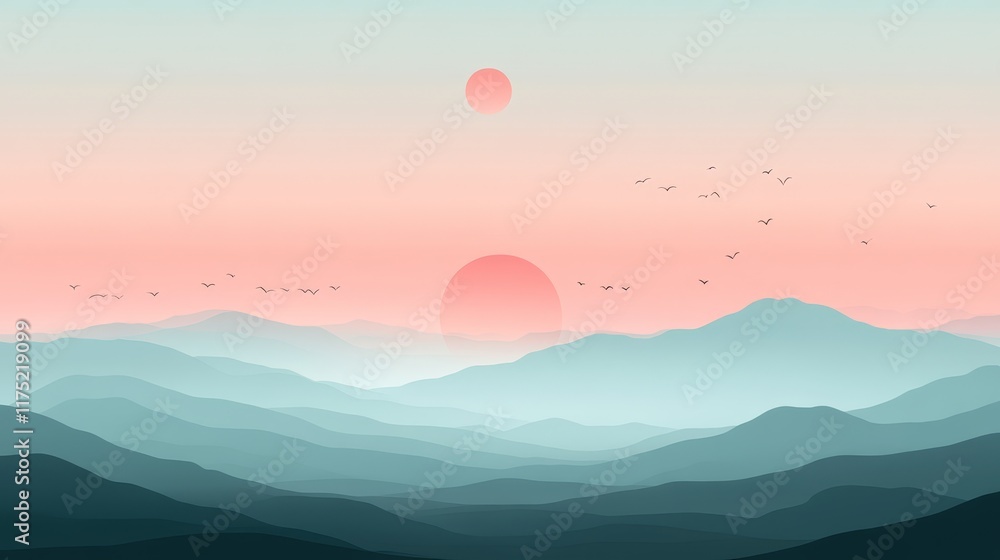 Fototapeta premium Serene Pastel Sunset Over Misty Mountains with Distant Celestial Bodies and Birds