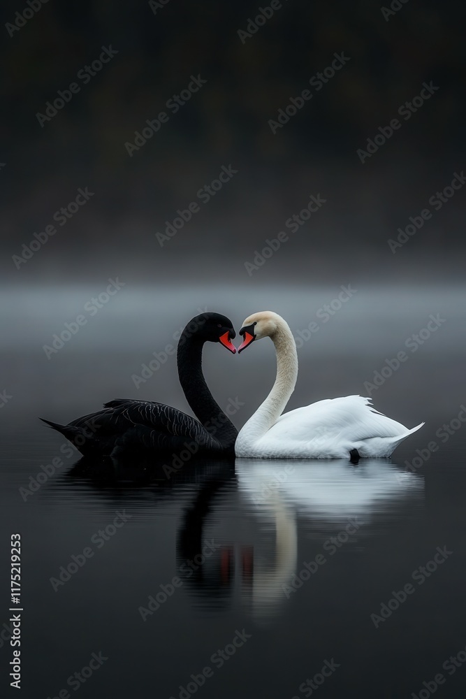 Fototapeta premium Emotional connection between black and white swans on a misty lake