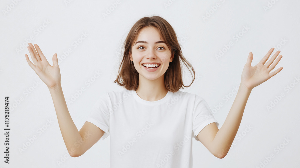 明るく手を挙げる笑顔の女性 明るく手を挙げる笑顔の女性