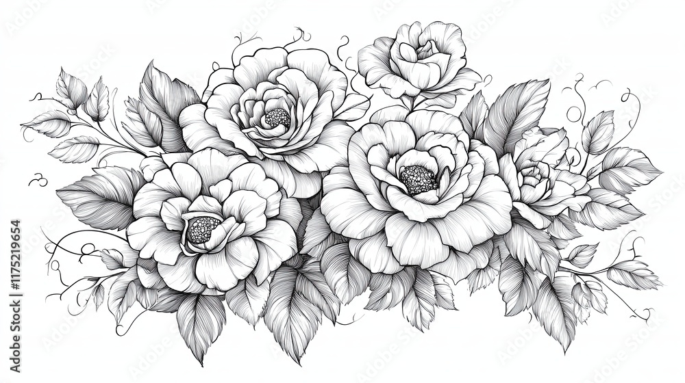 Elegant Rose Bouquet Line Art with Intricate Leaves and Vines for Coloring Intricate Botanical Art for Adult Coloring Hand-Drawn Floral Designs for Relaxation Elegant Rose-Themed Line Elegant Rose Bouquet Line Art with Intricate Leaves and Vines for Coloring Intricate Botanical Art for Adult Coloring Hand-Drawn Floral Designs for Relaxation Elegant Rose-Themed Line