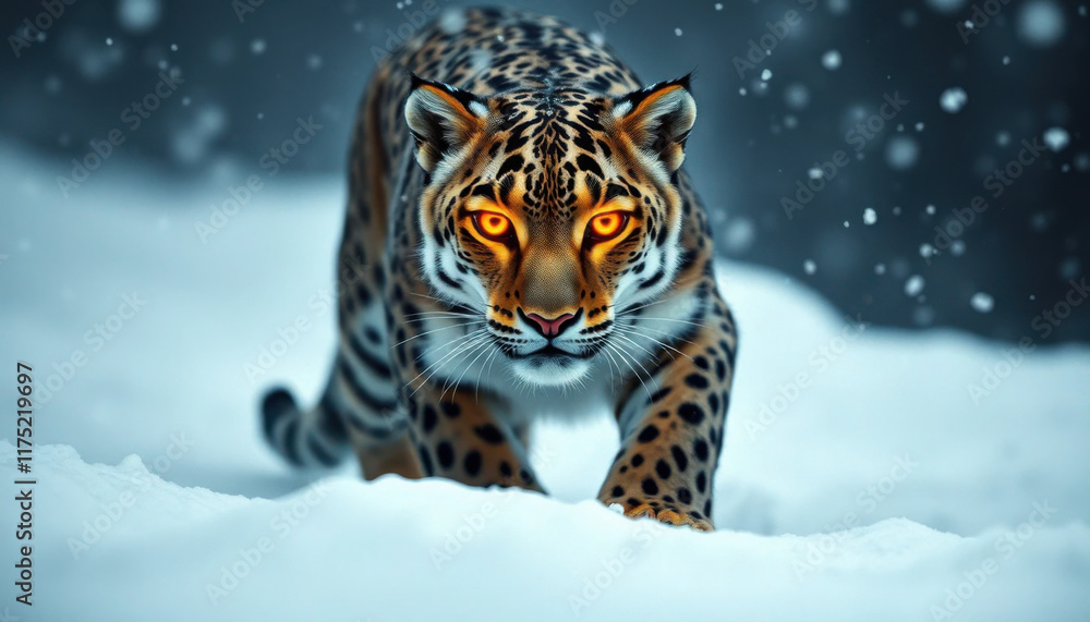 Obraz premium Majestic leopard prowling through snow, fierce glowing eyes cutting through the winter frost