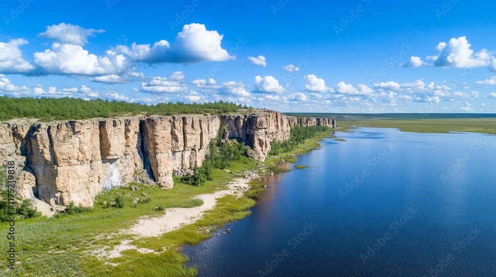 Scenic view of cliffs by a river under a blue sky with clouds. Scenic view of cliffs by a river under a blue sky with clouds.