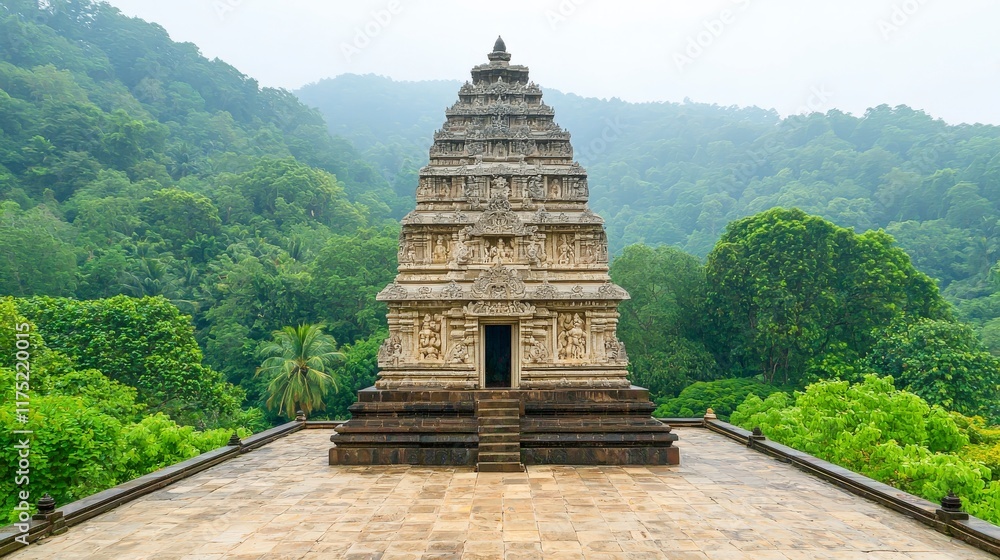 Ancient Stone Temple Surrounded by Lush Greenery and Misty Mountains in Tranquil Outdoor Setting Ancient Stone Temple Surrounded by Lush Greenery and Misty Mountains in Tranquil Outdoor Setting
