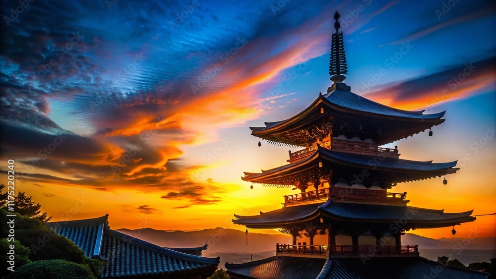 Obraz premium Silhouette of Naritasan Shinshoji Temple against a Vivid Blue Sky - Japanese Landscape