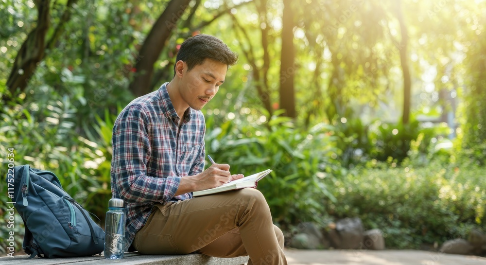 Young Asian male writing in notebook outdoors park Young Asian male writing in notebook outdoors park
