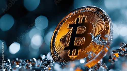 A single gold Bitcoin stands out against a shimmering silver and blue background, symbolizing digital currency and financial innovation in a dynamic visual landscape. photo