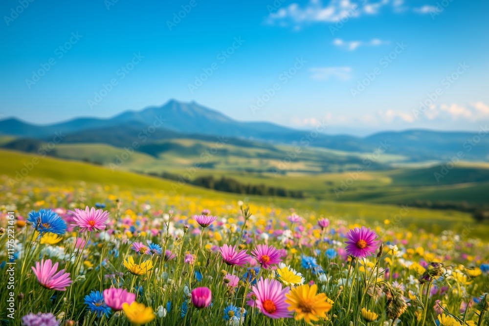 Obraz premium field of flowers in spring with beautiful mountains