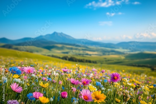 field of flowers in spring with beautiful mountains