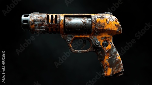 Aged futuristic firearm exhibiting rust with unique intricate details, merging old with new, representing history, evolution, and artistic craftsmanship beautifully. photo