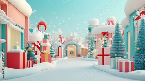 A 3D render showcasing a digital shopping screen filled with holiday gifts and decorations, complete with animated snow and a cheerful vibe