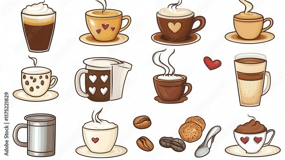 Fototapeta premium Coffee Cup Clip Art icon set on a clean background, clip art style, vector illustration, coffee theme clip artwork for stickers, coffee shop graphics