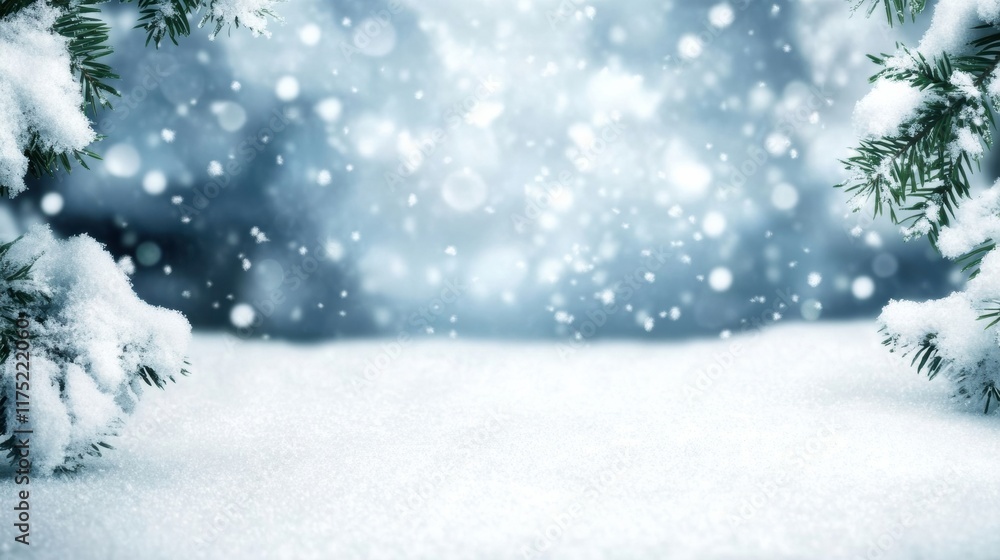 A serene winter landscape covered in snow with softly falling snowflakes creating a peaceful atmosphere. A serene winter landscape covered in snow with softly falling snowflakes creating a peaceful atmosphere.
