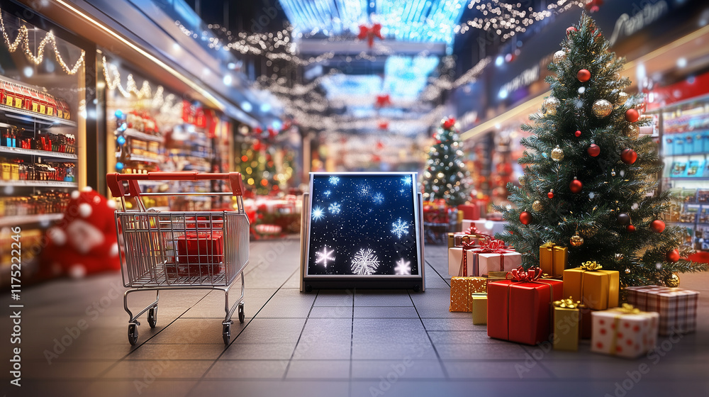 A digital shopping screen displaying an array of Christmas gifts, encircled by virtual decorations and shopping carts, embodying the spirit of holiday shopping