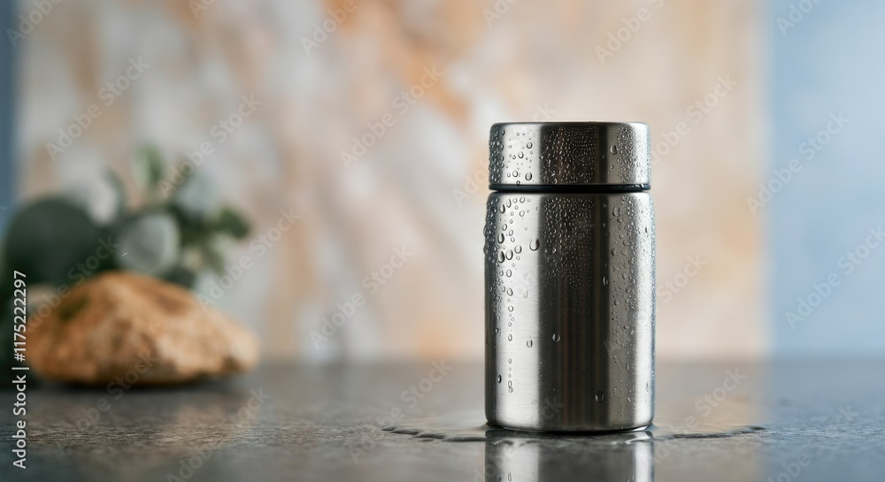 Stainless steel insulated mug with water droplets on dark surface Stainless steel insulated mug with water droplets on dark surface