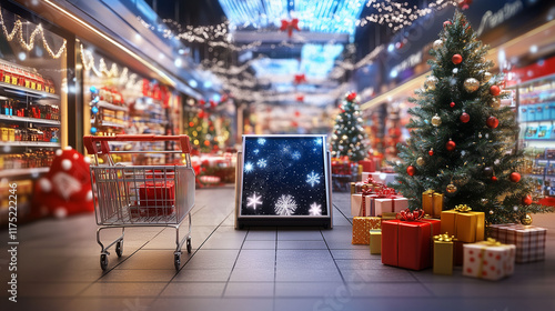 Obraz na płótnie A digital shopping screen displaying an array of Christmas gifts, encircled by virtual decorations and shopping carts, embodying the spirit of holiday shopping w salonie
