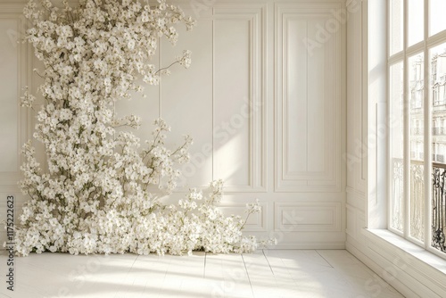 White flowers cascade down wall in bright room. photo