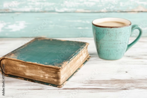 old book and cup of coffee, bible on the table