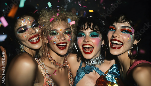 A group of Y2K women celebrating the new year with bold makeup and confetti-filled fun. AI Generated