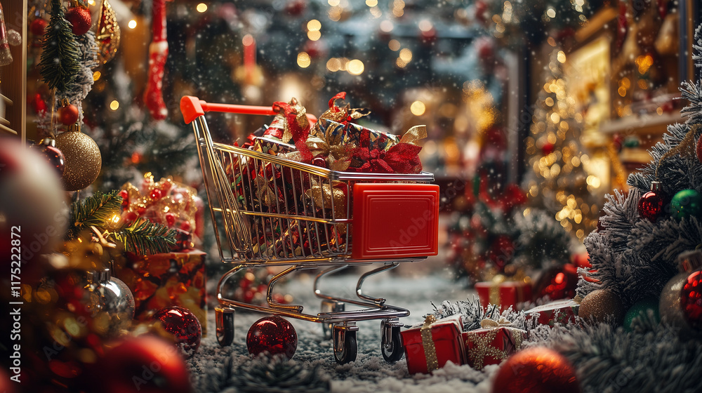 An online shopping display bursting with Christmas spirit, surrounded by festive decorations and digital shopping carts, designed to evoke joy and excitement