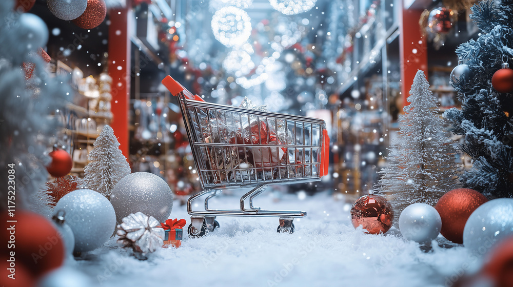 An online shopping display bursting with Christmas spirit, surrounded by festive decorations and digital shopping carts, designed to evoke joy and excitement