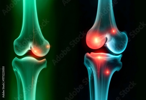 Medical X-Ray of Knee Joint Showing Pain and Inflammation: Anatomy, Arthritis, Health, Healthcare, Treatment, Injury, Disease, Illness, Suffering, Patient, Doctor, Hospital, Care, Body, Human, Skeleto photo