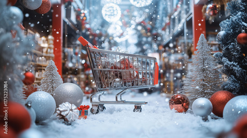 Obraz na płótnie An online shopping display bursting with Christmas spirit, surrounded by festive decorations and digital shopping carts, designed to evoke joy and excitement w salonie