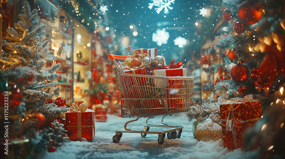 An online shopping display bursting with Christmas spirit, surrounded by festive decorations and digital shopping carts, designed to evoke joy and excitement