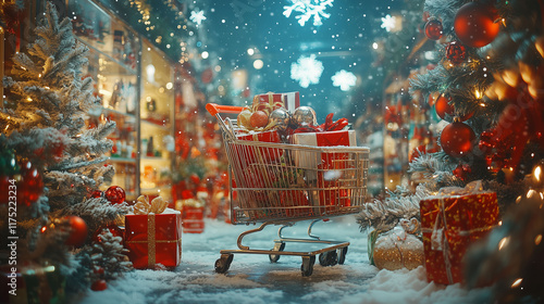 Obraz na płótnie An online shopping display bursting with Christmas spirit, surrounded by festive decorations and digital shopping carts, designed to evoke joy and excitement w salonie