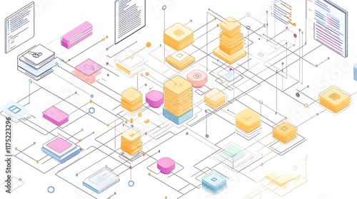 An abstract representation of software architecture with code snippets and design diagrams 