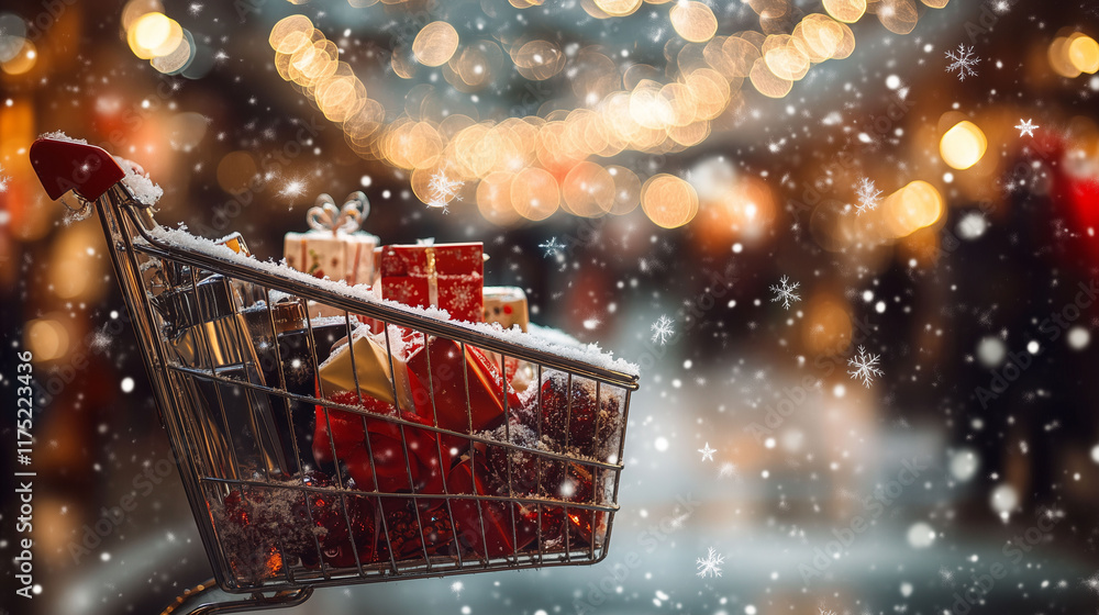 An online shopping interface displaying Christmas-themed products, enveloped in virtual snowflakes and twinkling lights, creating a cozy shopping atmosphere