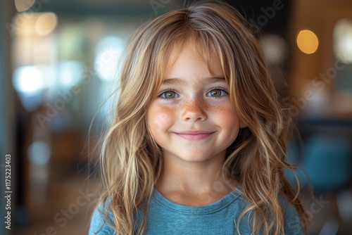 Young girl with long hair smiles warmly indoors at a cozy gathering place