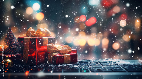 An online shopping interface displaying Christmas-themed products, enveloped in virtual snowflakes and twinkling lights, creating a cozy shopping atmosphere