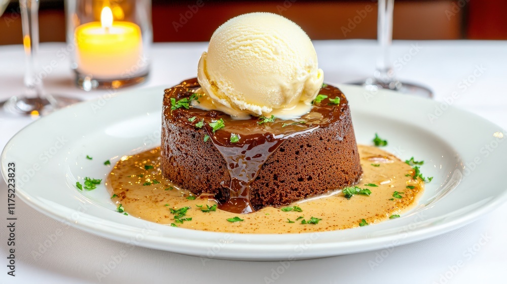 Decadent Chocolate Cake with Vanilla Ice Cream Topped with Delicate Garnish on Elegant Restaurant Table Decadent Chocolate Cake with Vanilla Ice Cream Topped with Delicate Garnish on Elegant Restaurant Table