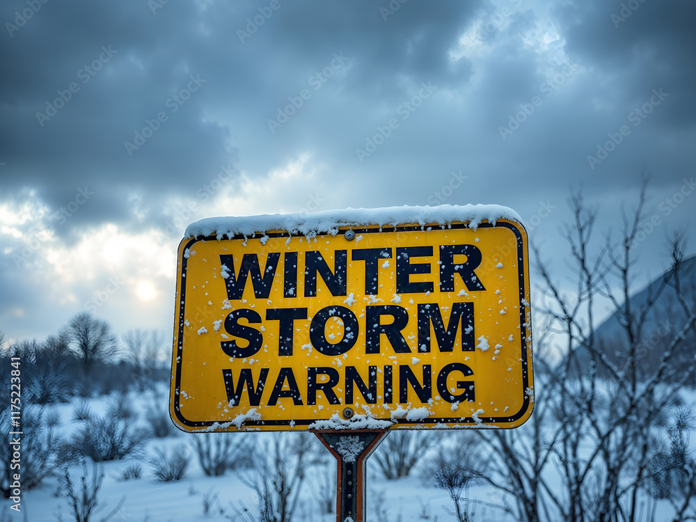 A yellow winter storm warning sign in a snowy, cold forest, perfect for weather or safety-related themes. Generative AI A yellow winter storm warning sign in a snowy, cold forest, perfect for weather or safety-related themes. Generative AI