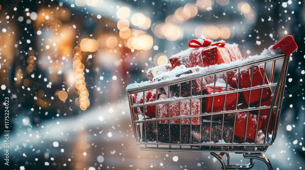 An online shopping interface displaying Christmas-themed products, enveloped in virtual snowflakes and twinkling lights, creating a cozy shopping atmosphere