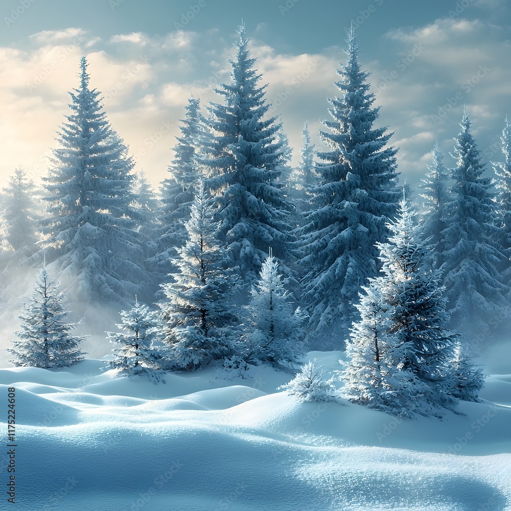 Serene Wintry Forest Landscape with Snowy Trees and Overcast Sky Serene Wintry Forest Landscape with Snowy Trees and Overcast Sky