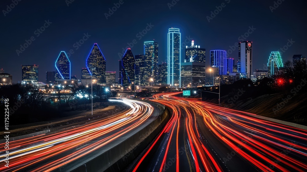 Fototapeta premium Dallas Skyline Night Traffic Light Trails