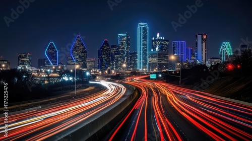 Dallas Skyline Night Traffic Light Trails