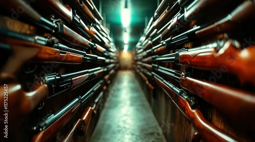 A narrow corridor with rows of rifles neatly arranged on wooden racks, evoking themes of collection, precision, and historical weaponry preservation. photo