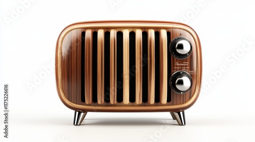 A beautifully crafted retro radio with a distinctive vertical grill and chrome knobs, presenting an artistic touch to any room while evoking nostalgia and elegance. photo