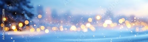 A serene winter landscape with soft snowfall and charming bokeh lights in a cool color palette.