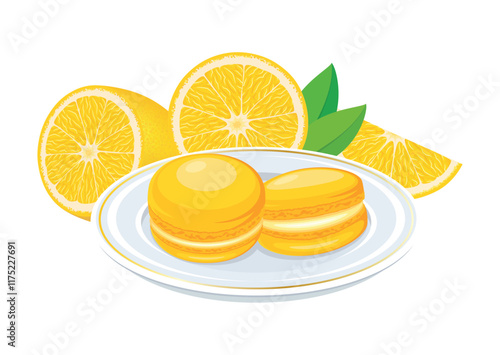Lemon macarons on a plate vector illustration. Yellow french macaroons icon vector isolated on a white background. Yellow macarons and fresh lemons drawing